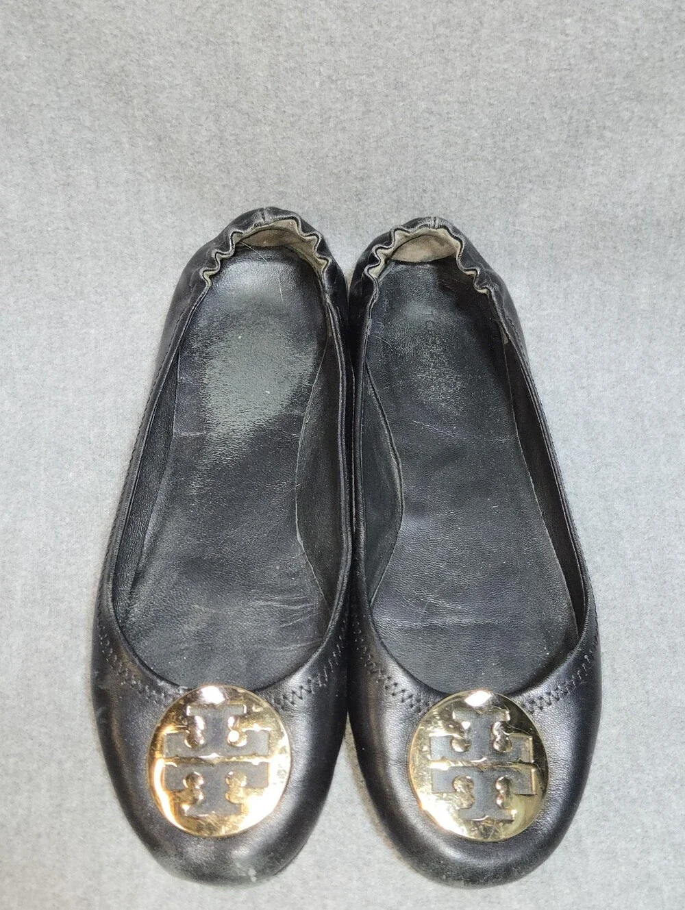 ​Tory Burch Reva Ballet Flats Black Leather With Gold Medallion Logo